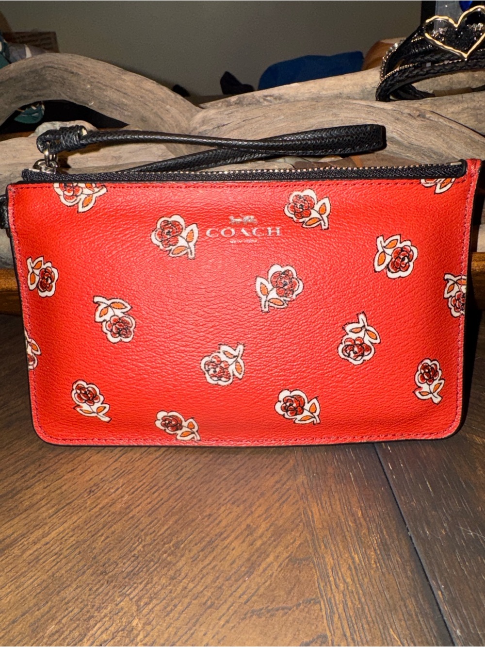 Coach Red Floral Leather Wristlet